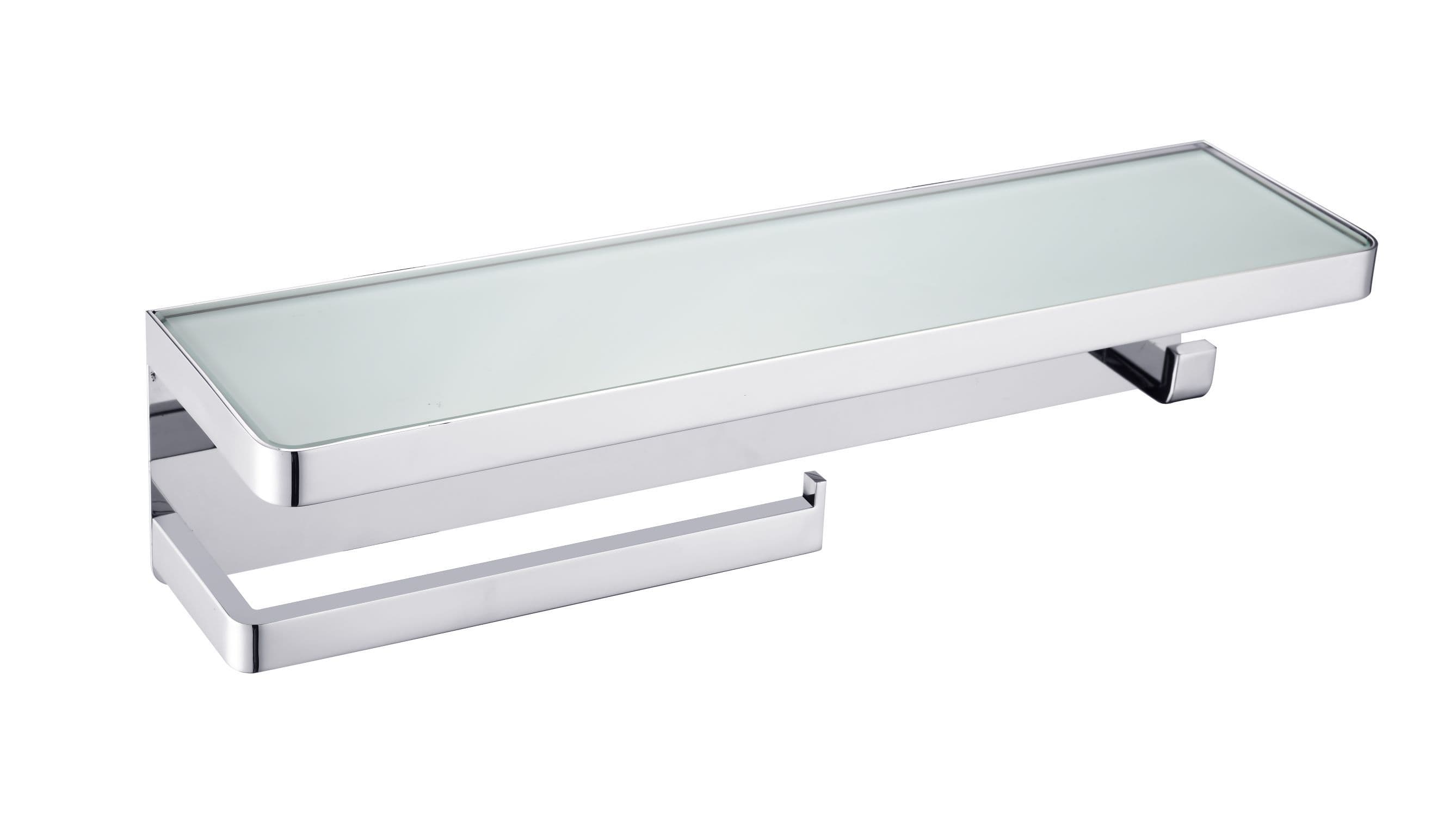 Bagno Bianca Stainless Steel White Glass Shelf w/ Towel Bar & Robe Hook