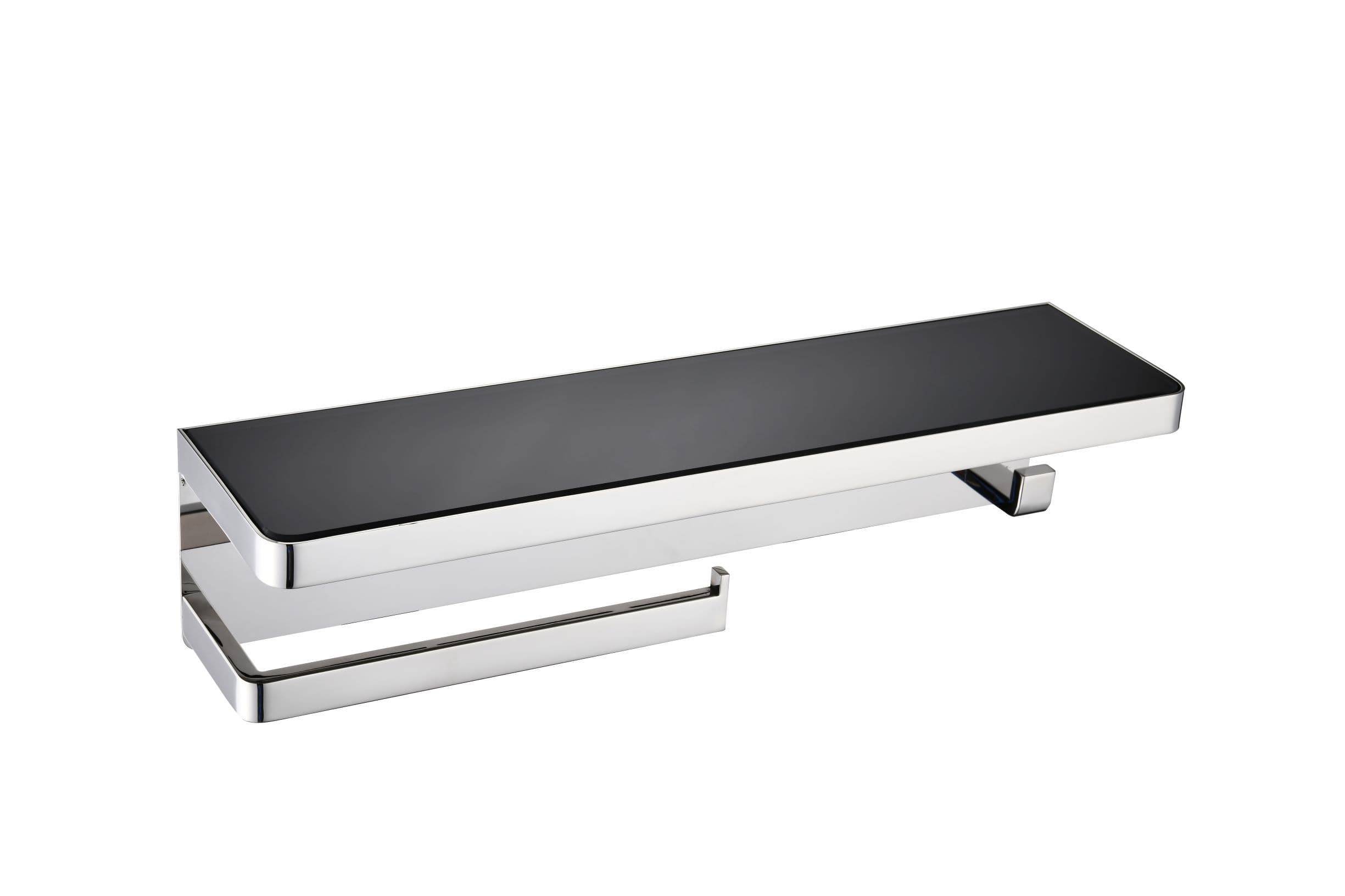 Bagno Bianca Stainless Steel Black Glass Shelf w/ Towel Bar & Robe Hook